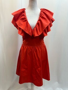 Zara Vibrant Red Ruffle V-Neck Midi Dress S